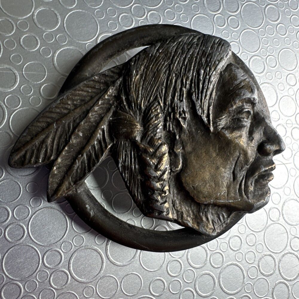 Vintage 1976 CDC Metalworks Native American Chief Belt Buckle Brass Bronze Tone